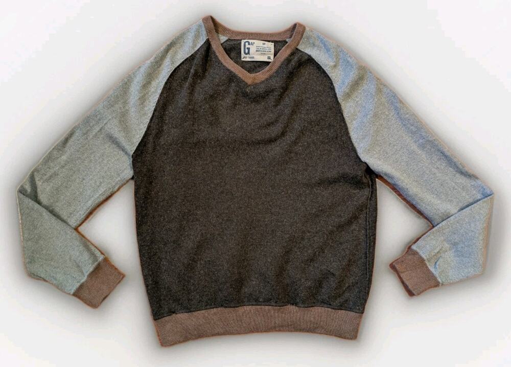 Vintage GAP Sweater Mens M Colorblock V Neck Brown Gray 90s Made Hong